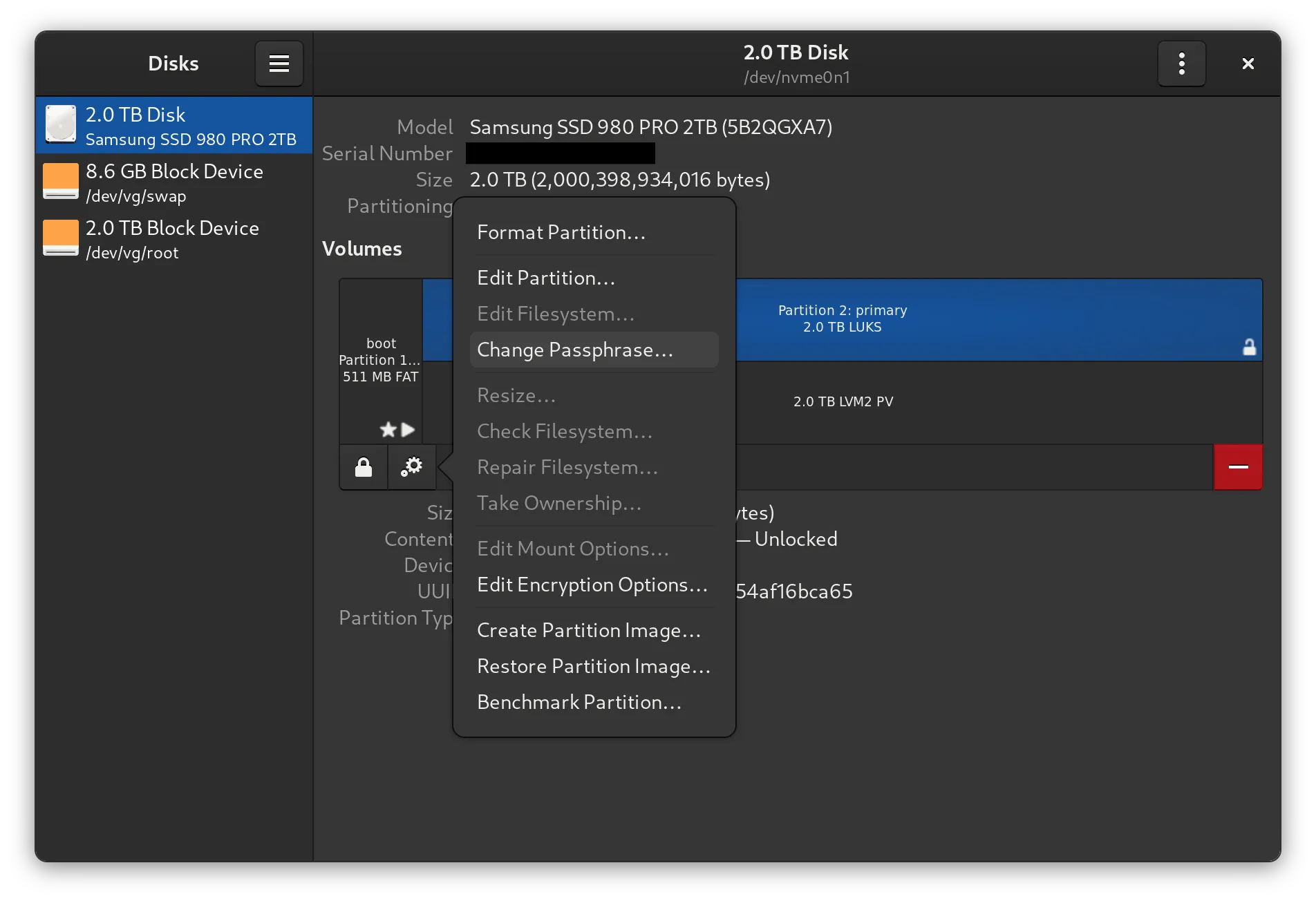 Linux disk management window showing a 2TB Samsung SSD with partition details and management options